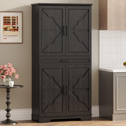 IRONCK Farmhouse Pantry Cabinet, 72" Tall Kitchen Storage Cabinet, Freestanding Cupboard with Sliding Rack & 6 Hanging Shelves,Kitchen Pantry Furniture for Dining Room, Easy Assembly, White