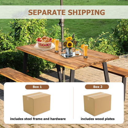 S AFSTAR 70" Outdoor Picnic Table, Heavy Duty Wooden Table and Bench Set with Umbrella Hole, All-Weather Acacia Wood Picnic Tables for 6, Garden, Backyard, Porch, Patio