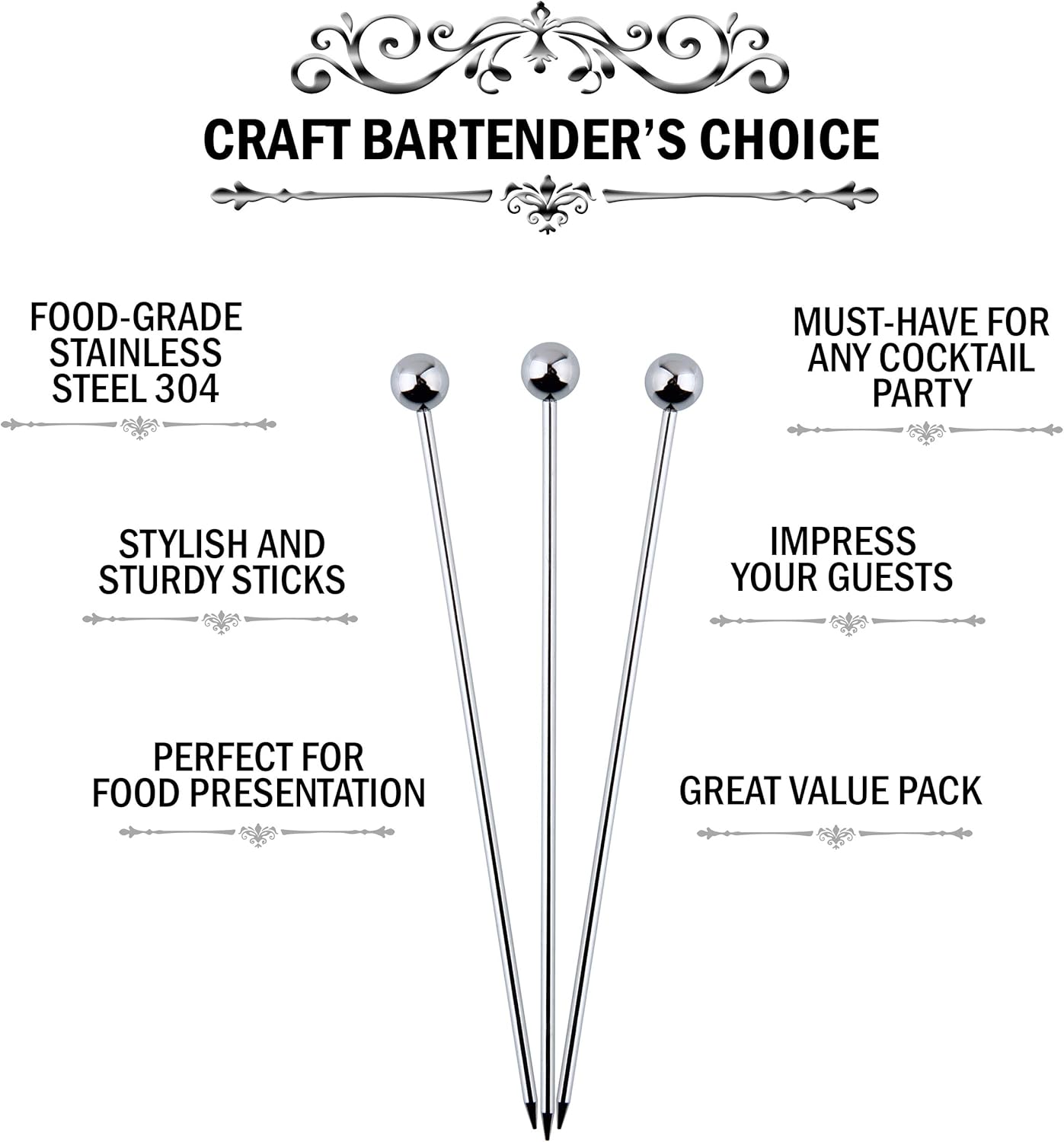 Cocktail Picks Stainless Steel Toothpicks, 24 Pack, 8 Inch Martini Picks for Appetizers and Garnish