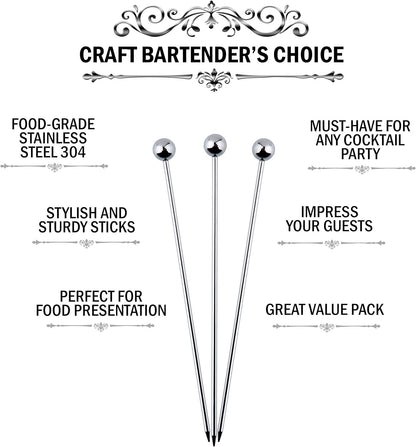 Cocktail Picks Stainless Steel Toothpicks, 24 Pack, 8 Inch Martini Picks for Appetizers and Garnish