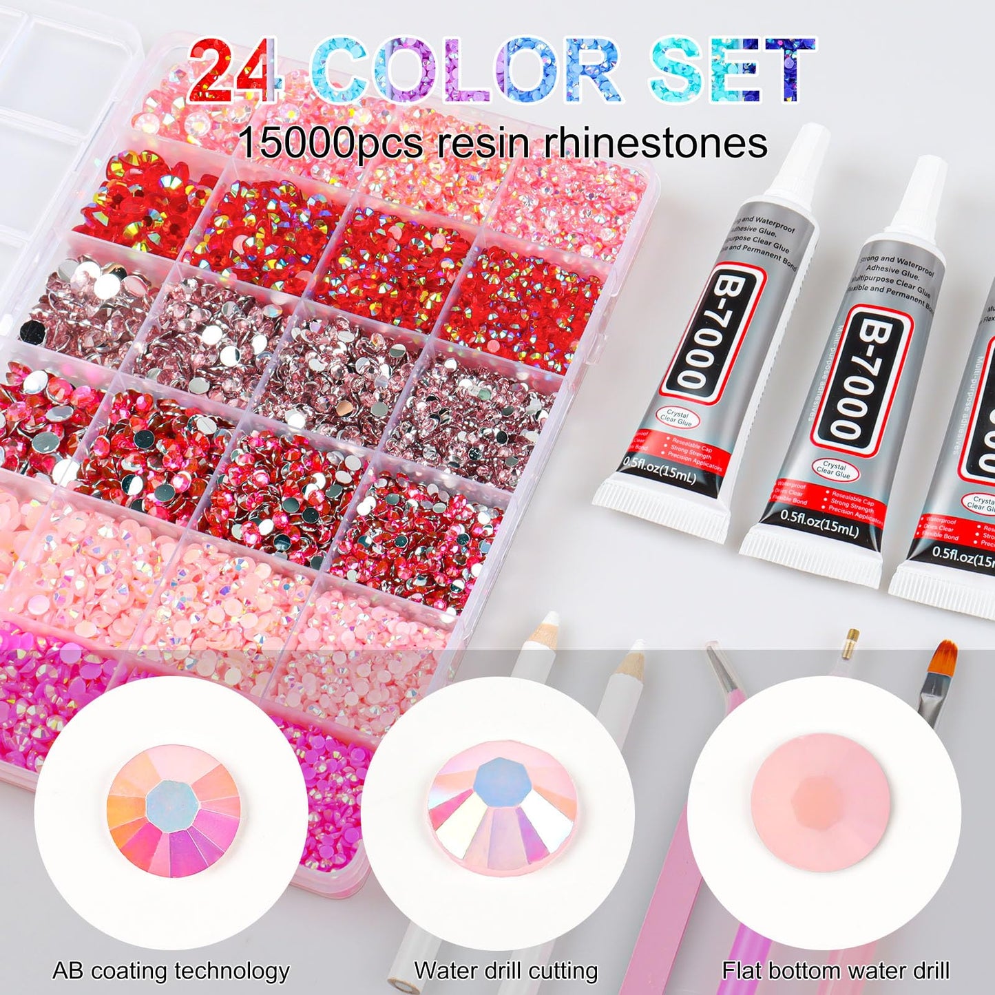 19200Pcs Pink Rhinestones for Bedazzling, 3mm -6mm Flatback Rhinestones for Diamond Art, Bedazzling Kit with 3Pcs 15ml B7000 Jewelry Glue for Nail Art Crafting Book Makeup