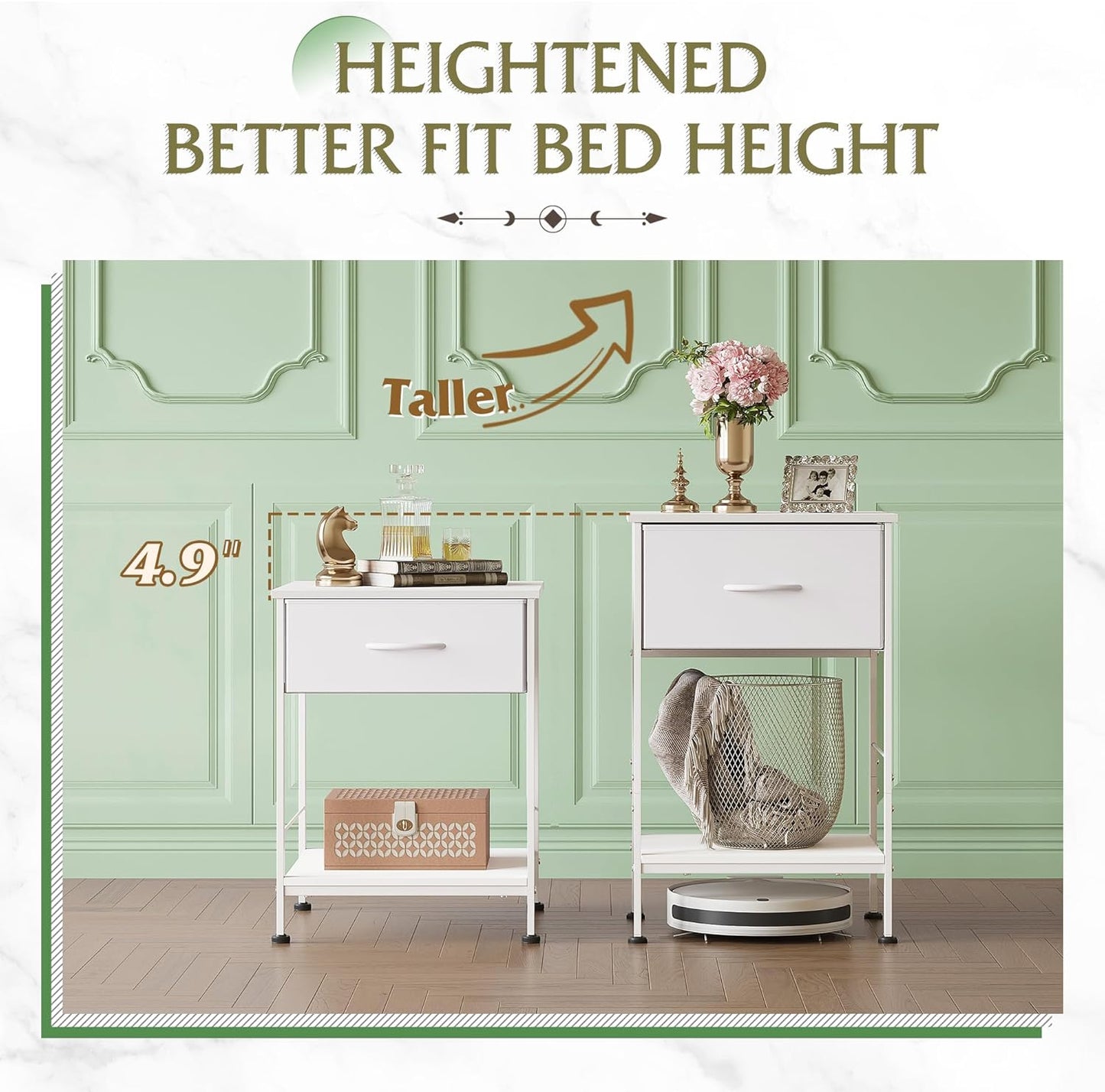 25.03" WLIVE White Nightstand, Night Stand with Fabric Storage Drawer and Open Wood Shelf, Small End Side Table