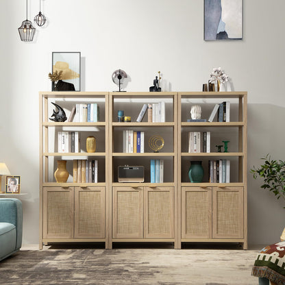 SICOTAS Bookshelf 5 Tier Book Shelf Rattan Boho 71" Tall Bookcase with Doors Storage Shelves Large Bookshelves Farmhouse Bookcases Library Book Case for Living Room Bedroom Home Office Kitchen