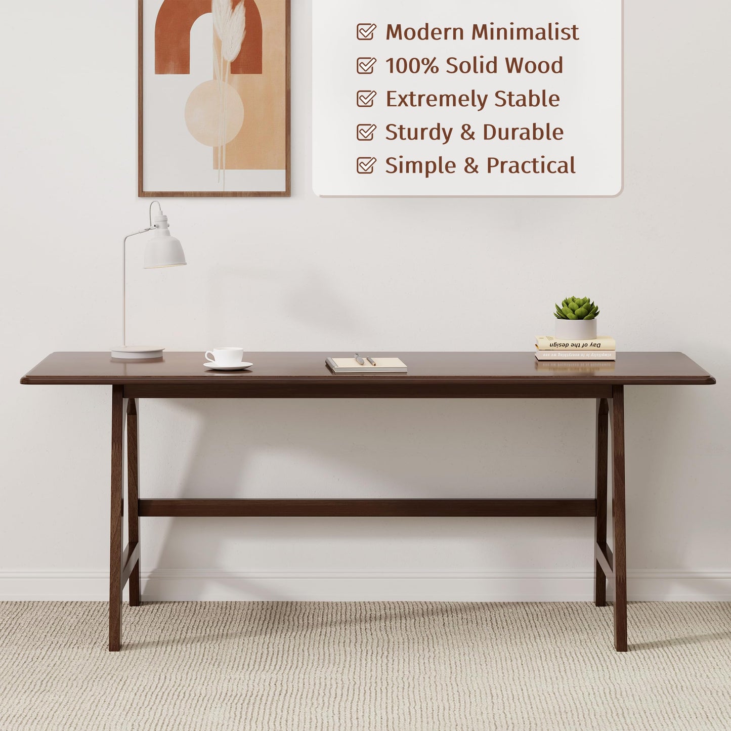 IOTXY Solid Wood Writing Table - 60" W x 24" D Minimalist Computer Desk for Home Office, Work, Study, Creativity, and PC Workstation, Walnut