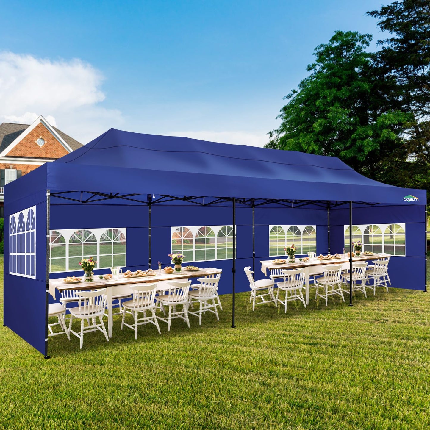 COBIZI 10x30 Heavy Duty Pop up Canopy with 8 sidewalls Stable Wedding Outdoor Tents for Parties Canopy Pop Up Party Tent UPF 50+ Waterproof Commercial Gazebo with Roller Bag, Navy Blue Upgraded