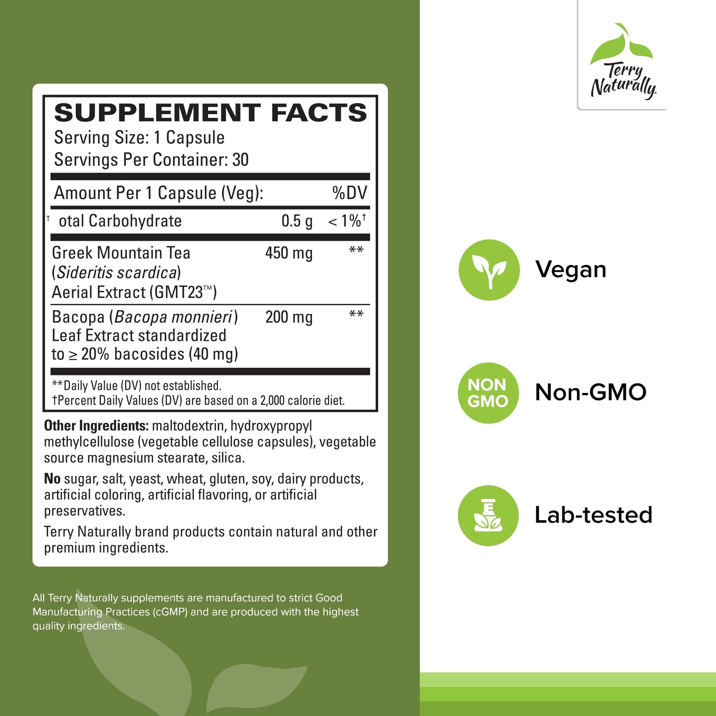 Terry Naturally GMT23 Greek Mountain Tea Plus Bacopa - Dietary Supplement for Focus Support - Brain Health Supplement for Attention to Detail - Herbal Supplement with Antioxidants - 30 Capsules