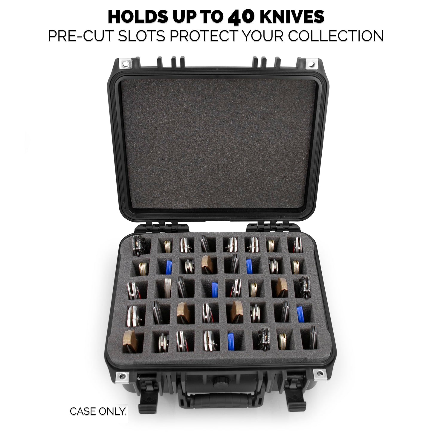 CASEMATIX 13" 40 Folding Knife Case - Waterproof Pocket Knife Holder and Knife Box Organizer Fits 40 Folding Knives, Swiss Army Knives & More Up To 5" Folded in Lockable Knife Storage Case