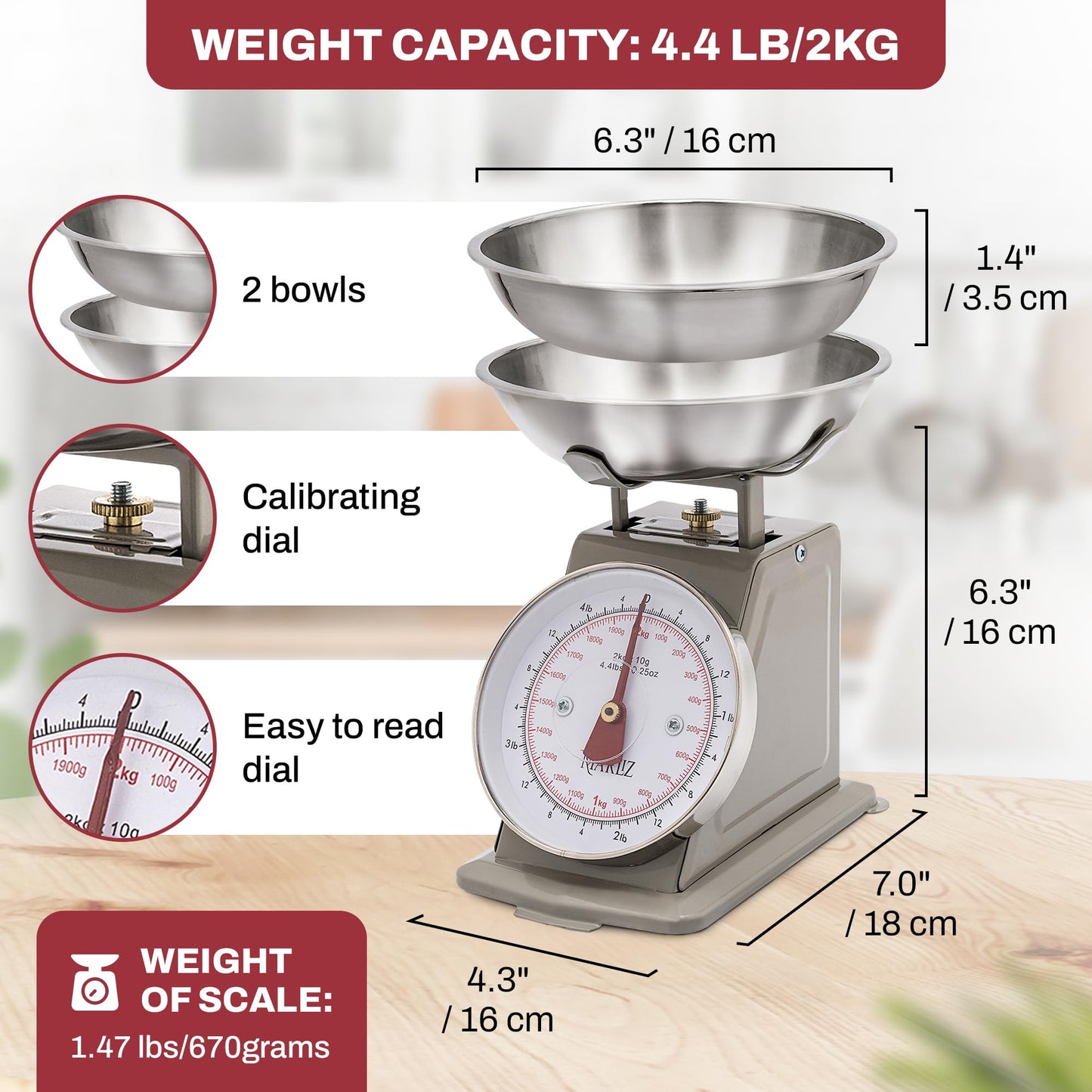 MARLIZ Small Retro Kitchen Scale 4.4Lb/2Kg with 2 Bowls |Mechanical dial Scale| Vintage | Pesa para alimentos| bascula de cocina|Bakers Scale