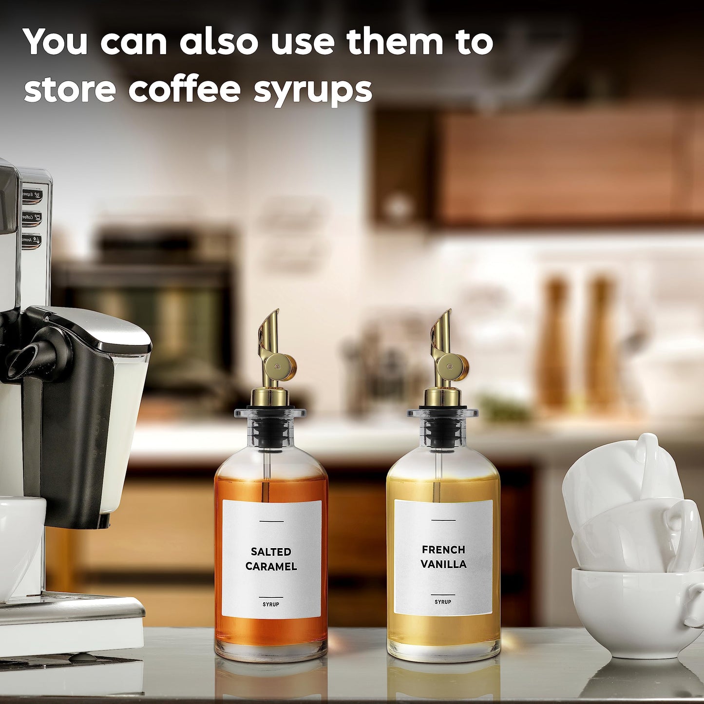 Spaceneat Oil Dispenser for Kitchen - Glass Olive Oil Bottle Set of 2 (11.8oz) with Gold Weighted Self-Closing Pourer - Cooking Oil Dispenser with 66 Labels, Aligner & Funnel