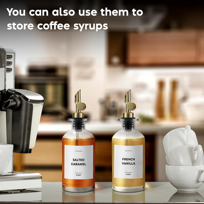 Spaceneat Oil Dispenser for Kitchen - Glass Olive Oil Bottle Set of 2 (11.8oz) with Gold Weighted Self-Closing Pourer - Cooking Oil Dispenser with 66 Labels, Aligner & Funnel