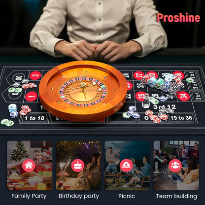Proshine 18" Wooden Roulette Wheel Set with 47.2 * 23.6” Roulette Tablecloth 100pcs Poker Chips Roulette Win Marker Dual Balls Casino Game Sets Smooth Rotation Roulette Wheel for Family & Party Fun