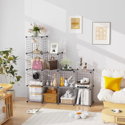 C&AHOME Wire Cube Storage - 12-Cube Organizer with Modular Metal Grids | Ideal for Home & Office, Silver Gray, 36.6”L x 12.4”W x 48.4”H