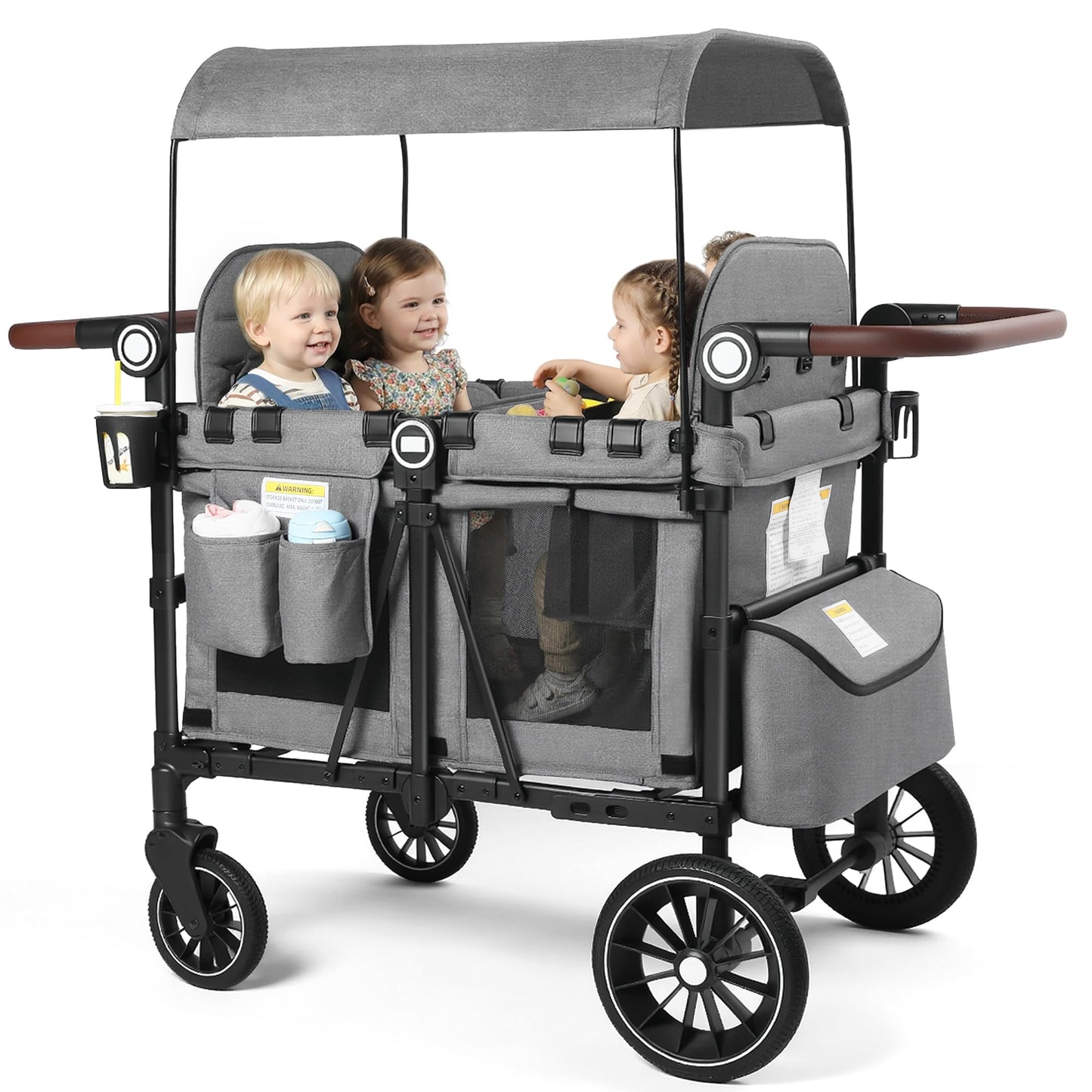 Kinder King Wagon Stroller for 4 Kids, All-Terrain Foldable Outdoor Stroller Wagon 4 Seater, Removable Canopy, Adjustable Handle, Detachable Tray, Large Storage, Grey
