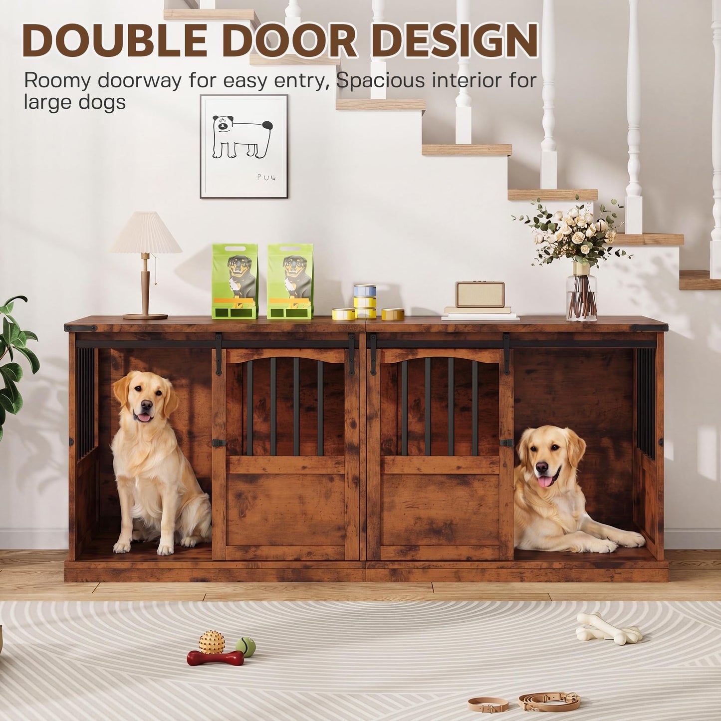 Homiflex 72" Double Dog Crate Furniture for 2 Medium Large Dogs Wooden Heavy Duty Dog Kennel Furniture with 2 Sliding Doors and Divider Decorative Dog Cage TV Stand End Table for Indoor, Brown