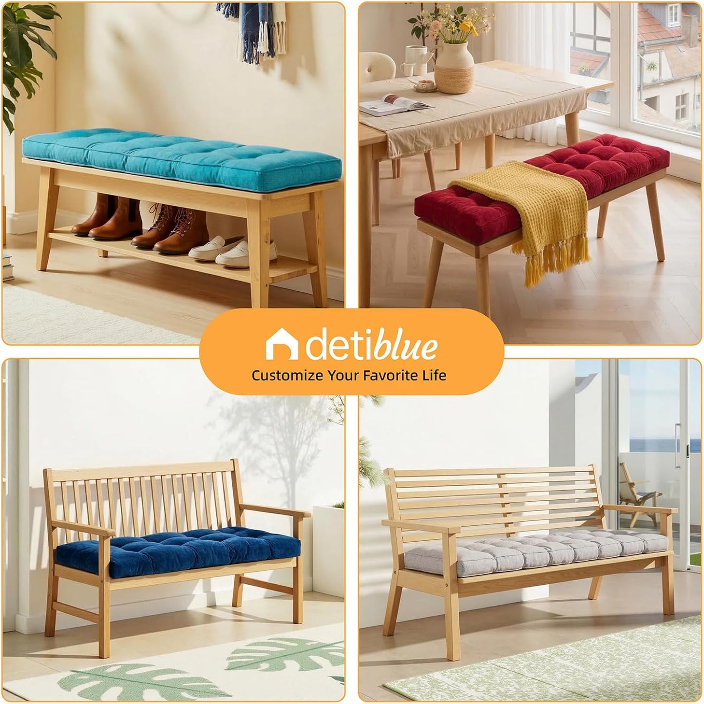 Detiblue Custom Tufted Bench Cushion,Bench Seat Cushions for Indoor/Outdoor Furniture,Customizable