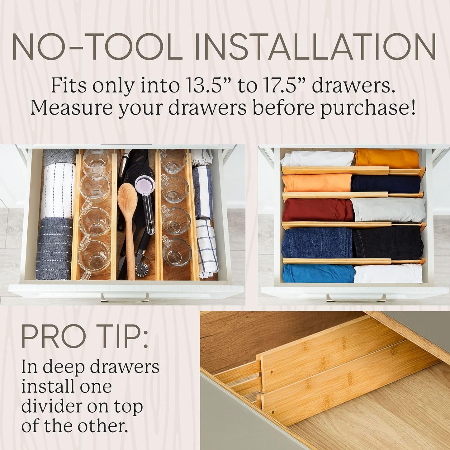 Expandable Bamboo Drawer Dividers - Wooden Organizers for Clothes, Kitchen Utensils, Bathroom, Dresser [13.5" - 17.5"]