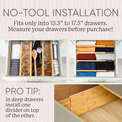 Expandable Bamboo Drawer Dividers - Wooden Organizers for Clothes, Kitchen Utensils, Bathroom, Dresser [13.5" - 17.5"]