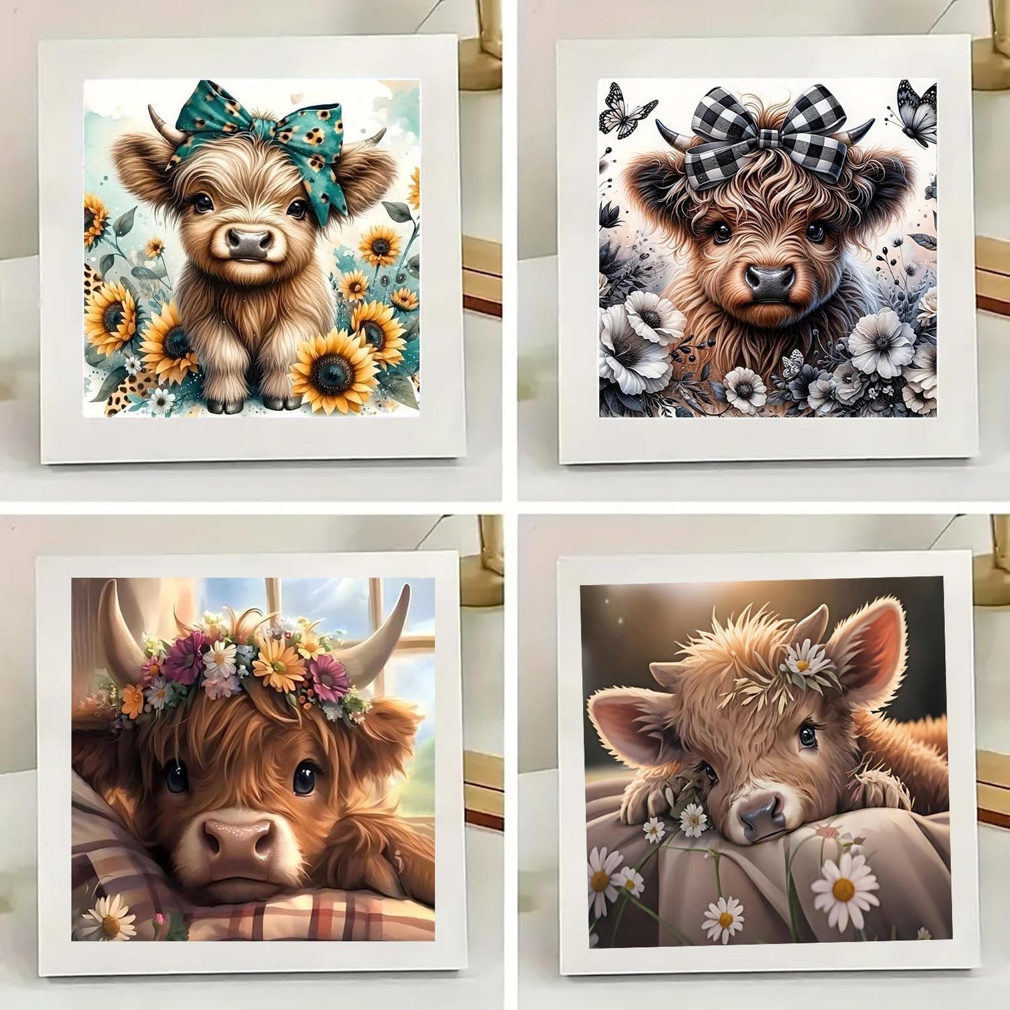 mrpwnle 4 Pack Cow Diamond Art Kits for Adults - DIY Cute Animals Diamond Painting Kits for Adults Beginner, Simple 5D Full Drill Diamond Art Dots Gem Art Kit for Home Wall Decor 12x12inch