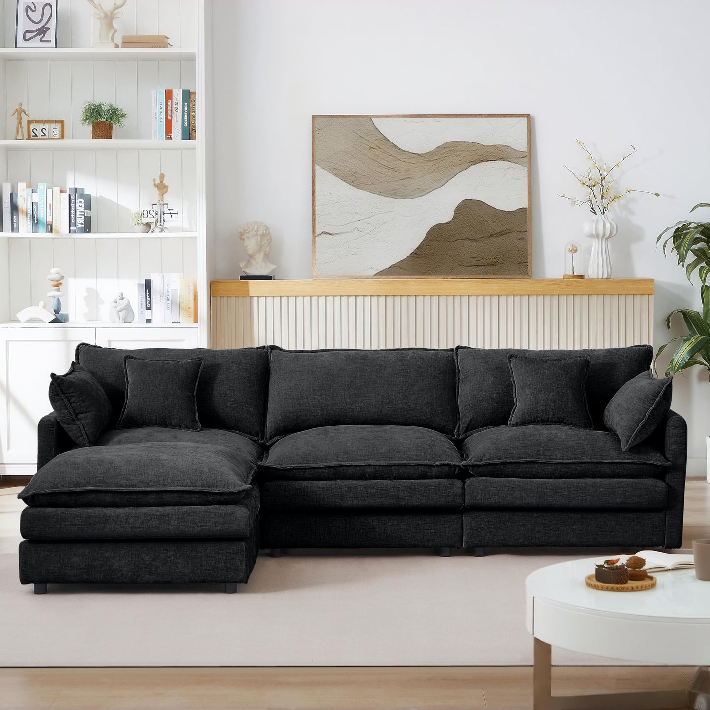 Eafurn Oversized Reversible Modular Sectional Sofa with Movable Ottoman, 4 Seater Convertible L Shaped Corner Couch Modern Chenille Sofa Set w/Double Layers Seat Cushions for Living Room Apartment