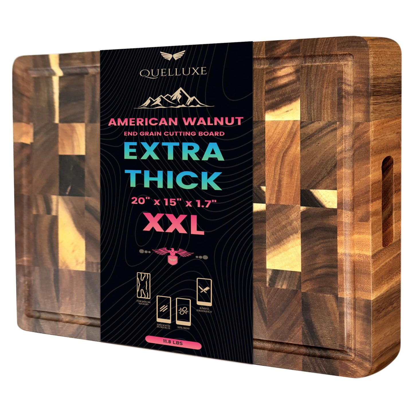 QUELLUXE (1.7" Extra Thick & Large) 20"x15" American Black Walnut Wood End Grain Cutting Board for Kitchen with Juice Groove, Heavy-Duty Butcher Block, Wooden Chopping Board, Charcuterie Boards