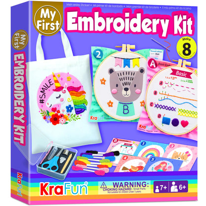 KRAFUN My First Embroidery Kit for Kids & Teens Age 8+, Beginner Hand Stitch Starter Set, 7 Pre-Printed Practice Cloths, DIY Tote Bag, Hoop & Tool Box, Arts & Crafts Gift for Girls