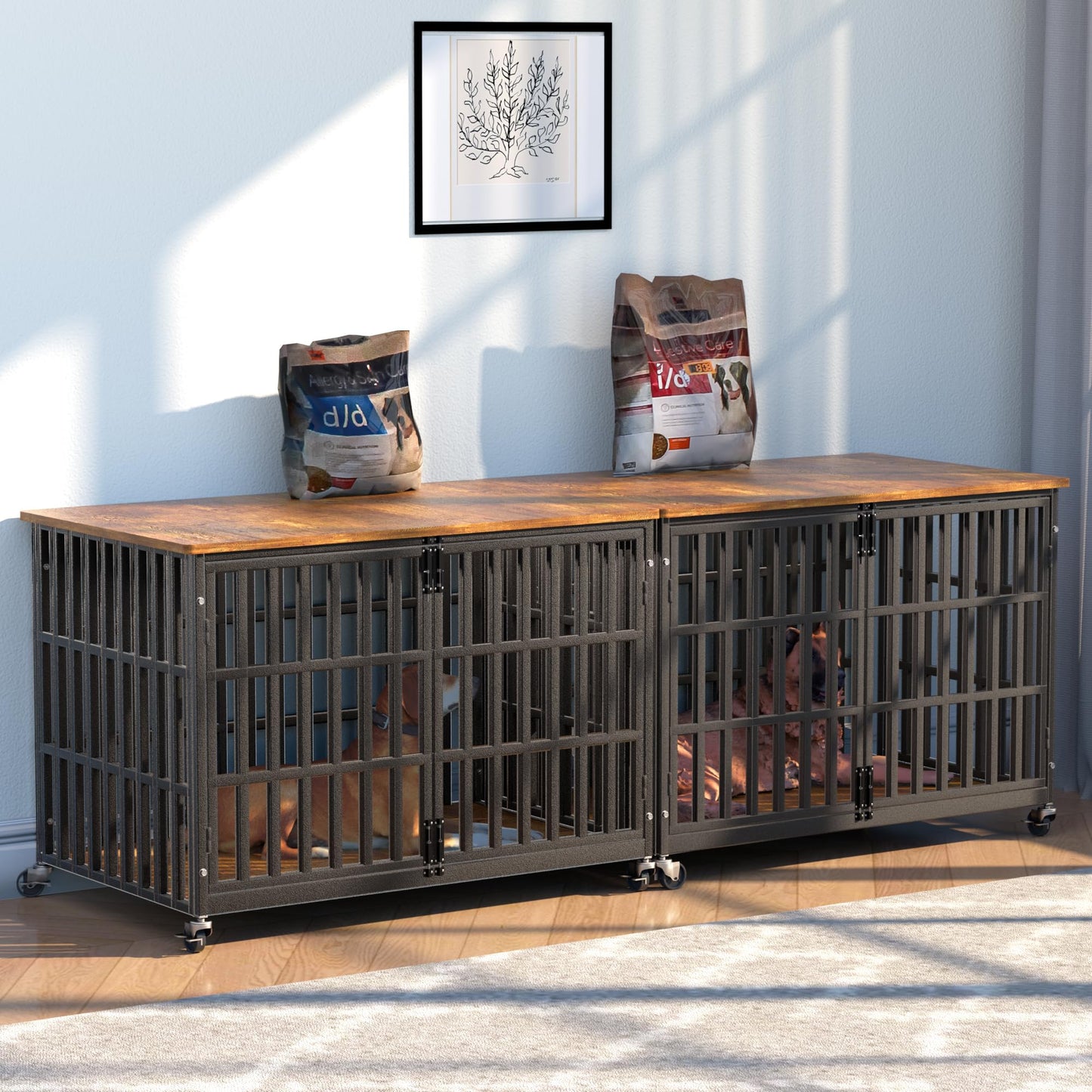 48 Inch Dog Crate Furniture, Heavy Duty Wooden Dog Kennel for Large Dogs, Chew Proof & Escape-Proof Indoor Dog Cage with TV Stand, for Anxious Dogs, Black Brown Cabinet