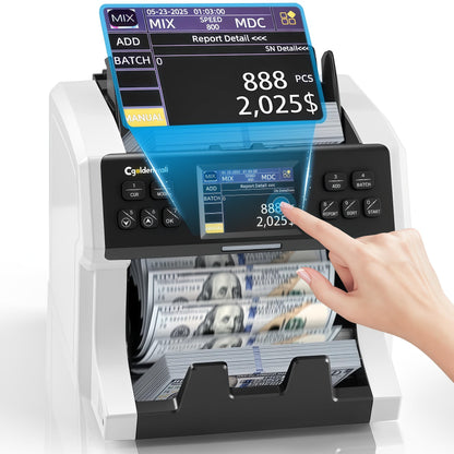 CGOLDENWALL Money Counter Machine Mixed Denomination,Bank Grade Cash Counter 2CIS/UV/IR/MG Counterfeit Detection,Serial Number,MUL Currency Value Counting, Sort&Printer Compatible Bill Counter,1500N/M