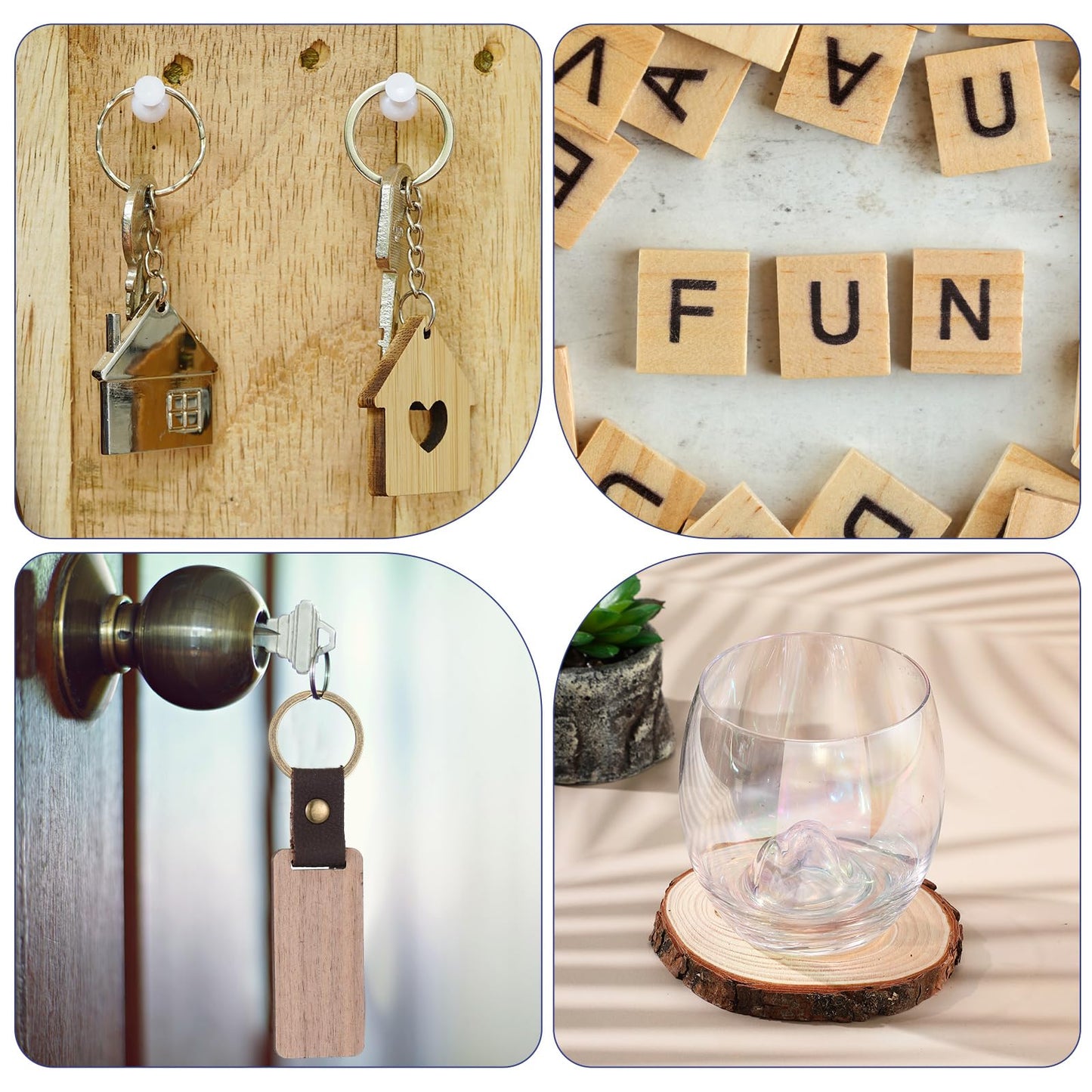 Briwooody 100 Pcs Laser Material Kit Engraving Blanks Wooden Keychains Blanks Set Laser Cutting Materials Unfinished Wooden Engraving Key Tag Ring for DIY Gifts Crafting Cutters