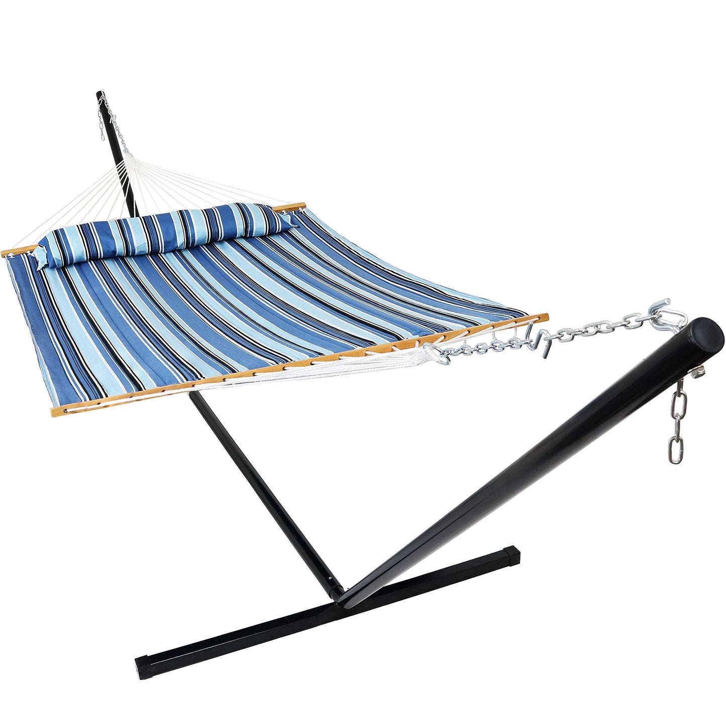 Sunnydaze Quilted Double Hammock with Stand for Outside - 400-Pound Capacity 2-Person Hammock with Stand - 15-Foot Stand - Misty Beach