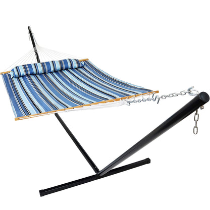 Sunnydaze Quilted Double Hammock with Stand for Outside - 400-Pound Capacity 2-Person Hammock with Stand - 15-Foot Stand - Misty Beach