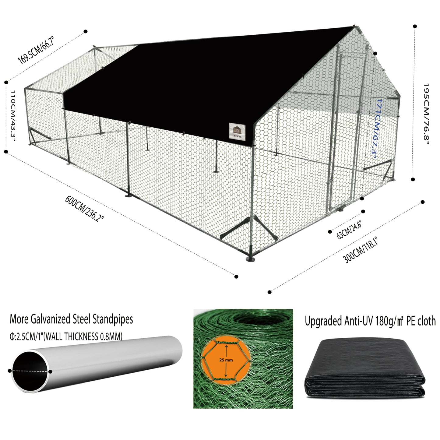 Chicken Runs for Yard with Cover, Metal Chicken Coop, Upgraded Anti-UV 180g/㎡ PE Cloth & 1.1mm Thickened PVC-Coated Hexagonal Chicken Wire Mesh & More Galvanized Steel Standpipes,19.7×9.8×6.4FT