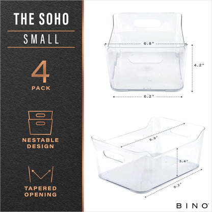 BINO | Plastic Organizer Bins, Small - 4 Pack | The SOHO Collection | Multi-Use Plastic Bin | Pantry & Freezer Organizer Bin | Storage Containers | Bins for Home & Kitchen Org