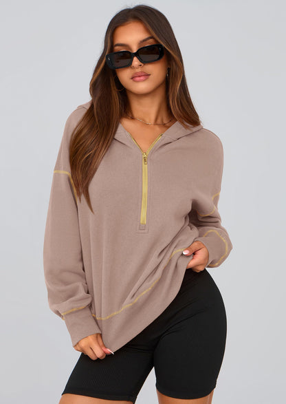 PRETTYGARDEN Women's 2025 Fall Hooded Sweatshirts Long Sleeve Half Zip Cropped Hoodies Pullover Winter Fashion Clothes (Khaki,Medium)