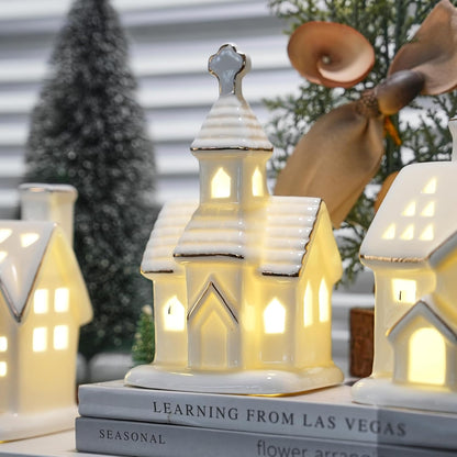 White Christmas Village Houses - 3Pcs Glazed Ceramic Houses with Trees | Light Up Xmas Decor Set
