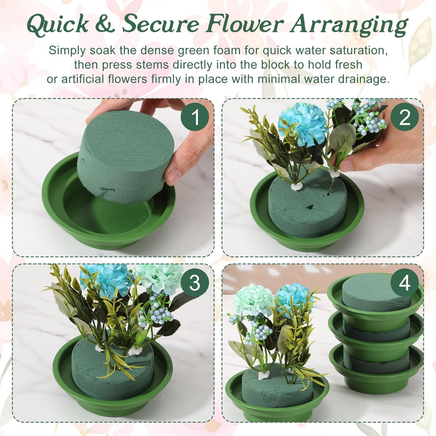 12 Pack Floral Foam Rounds in Bowls - 4.6 Inch Round Wet Flower Arrangement Kit for Fresh & Artificial Flowers, Wedding, Party, Table Centerpiece Decor (Green)