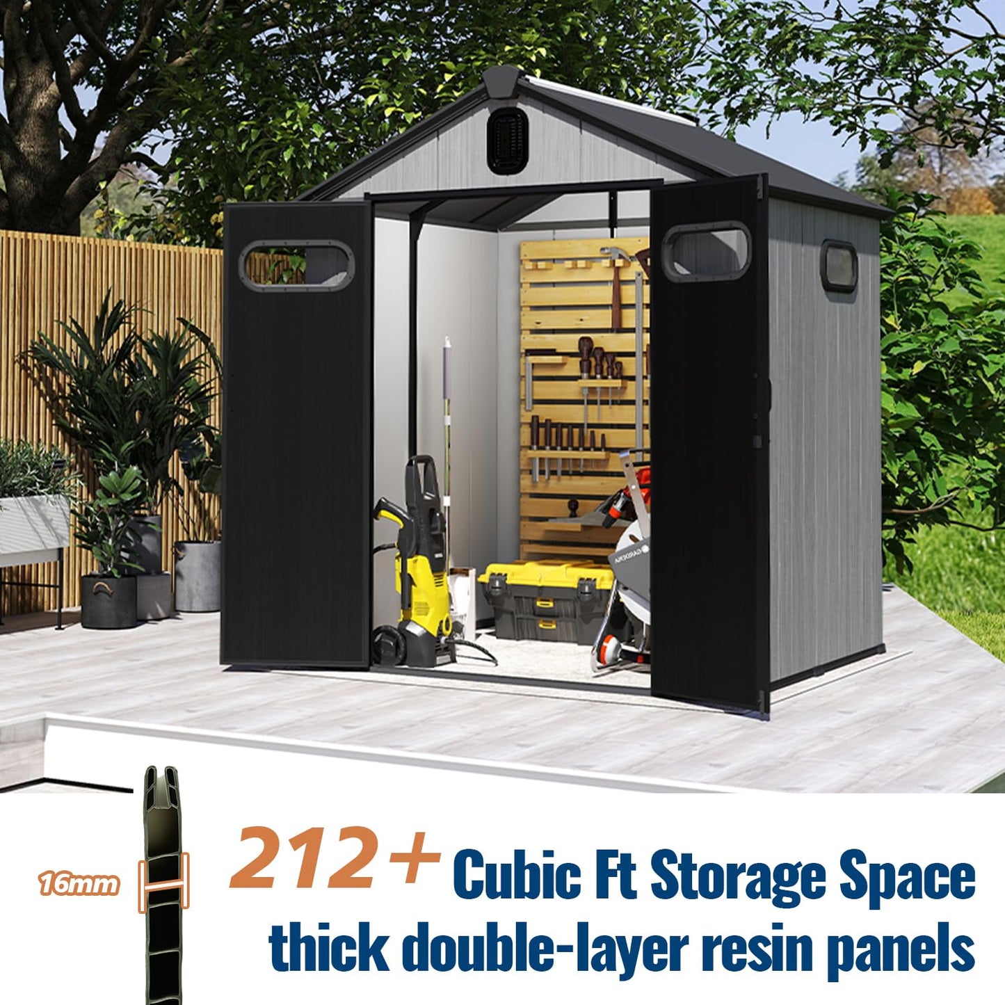 Domi 6x6Ft Resin Outdoor Storage Shed, Small Plastic Garden Shed with Carpet, Outside Weatherproof Storage Building for Tools, Bike, Lawn Mower, Patio, Backyard
