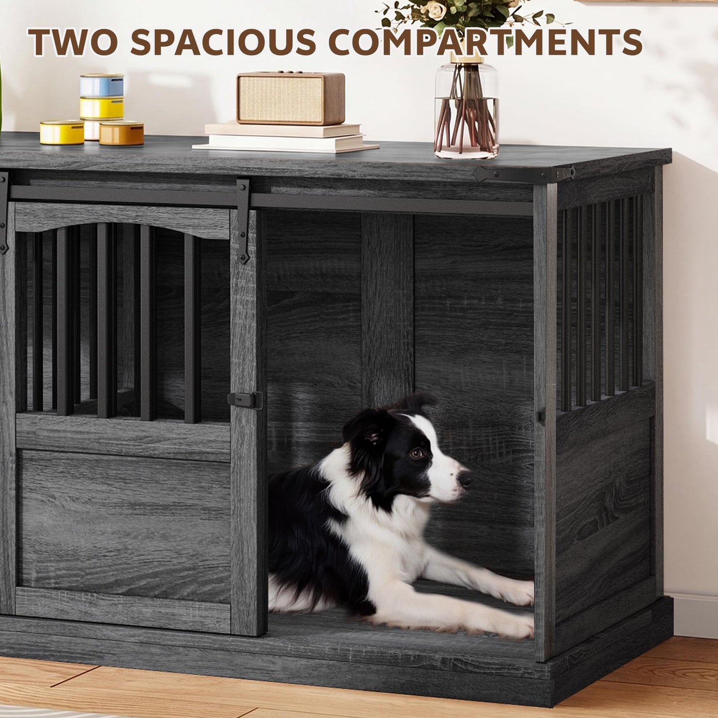 Homiflex Double Dog Crate Furniture with Barn Sliding Doors, 72" Large Dog Kennel Furniture Indoor with Divider for 2 Medium Large Dogs, Heavy Duty Wooden Dog Cage Decorative TV Stand, Grey