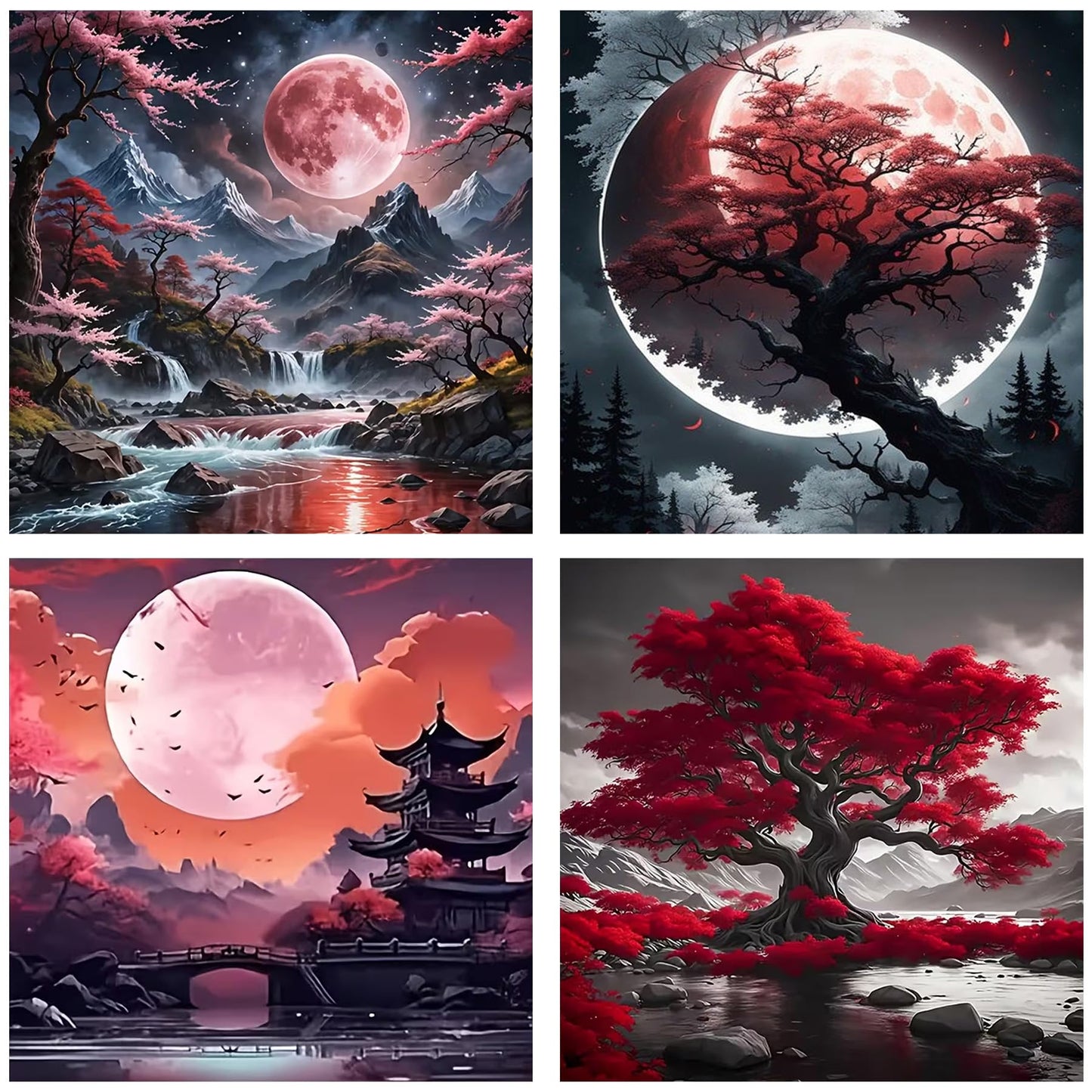 Zythron 4PCS Diamond Art Kits for Adults,Moon Diamond Art Landscape Diamond Painting Tree DIY 5D Full Drill Gem Art Painting Kit for Home Wall Decor Gifts 12x12 in