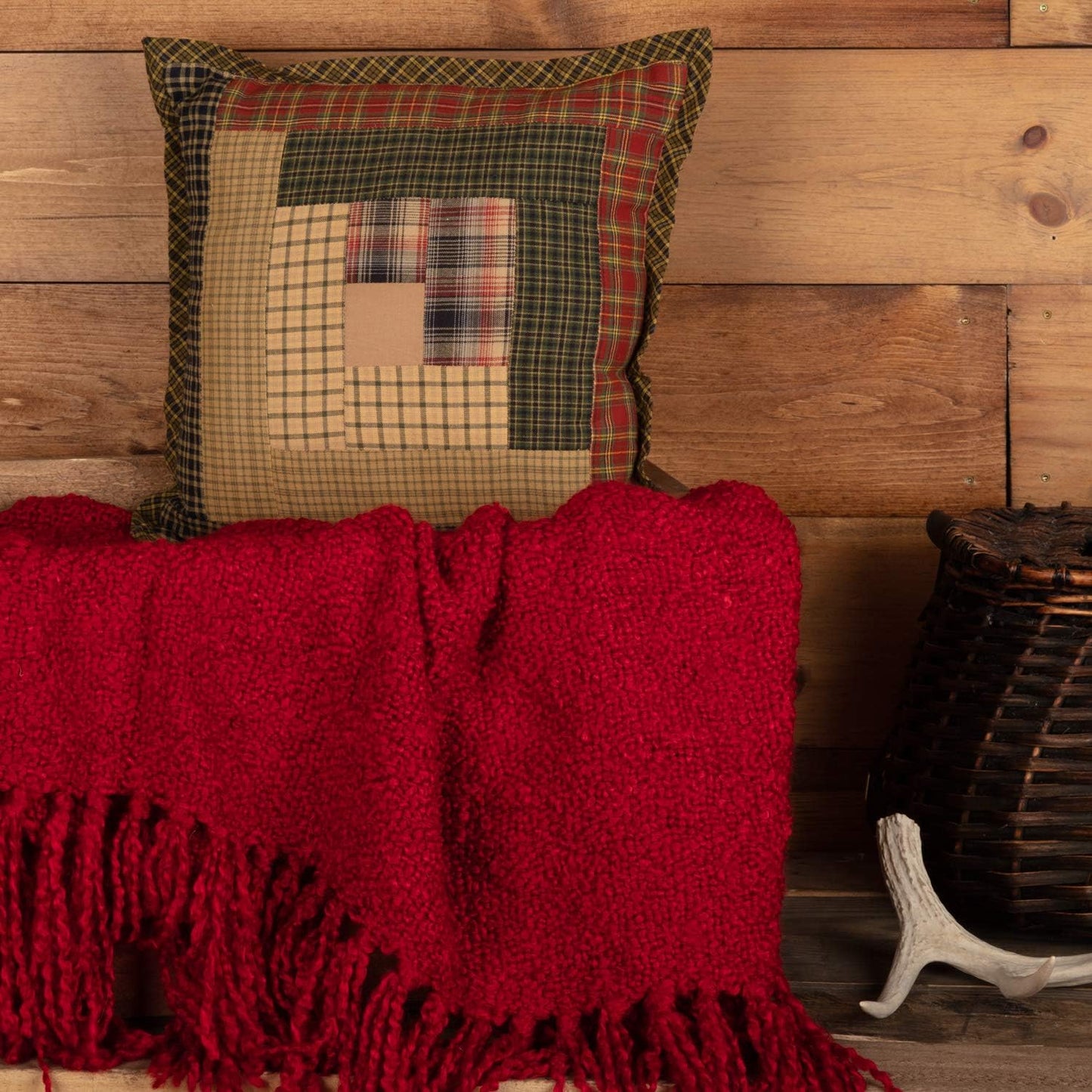 Tea Cabin Rustic 12"x12" Patchwork Pillow - Green Thanksgiving Cotton Square Bedroom Decor