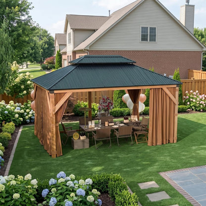 10x12FT Hardtop Wood Gazebo, Cedar Frame Outdoor Pavilion with Double Galvanized Steel Roof, Curtains and Netting Included, Ceiling Hook for Patio Backyard Deck Lawn Garden, Khaki