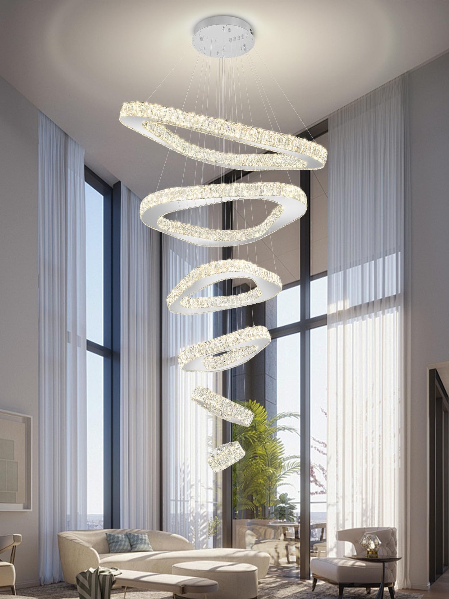 ykolupty H138 Modern Large Chandelier for High Ceiling 6-Rings Chandelier with LED Dimmable Crystal Ring Pendant Light High Ceiling Chandeliers for Living Room Foyer Entryway Silver Hanging Light