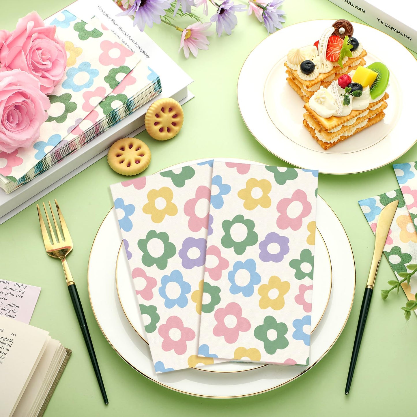 Tinlade 100 Pcs Disposable Paper Hand Towels for Bathroom, Paper Guest Towels for Powder Room Disposable Dinner Napkins for Birthday Bridal Shower Tea Party Supplies Table Decor (Retro Flower)