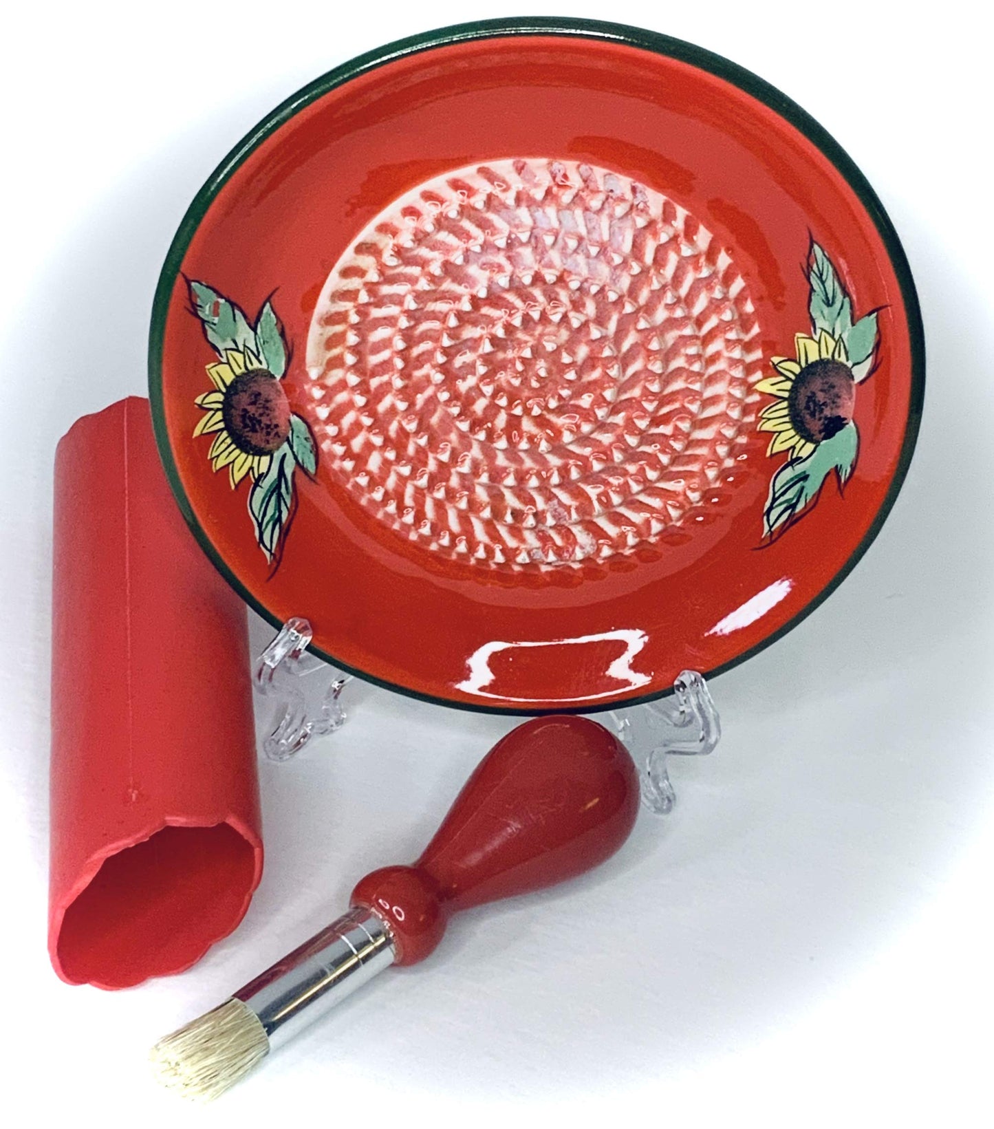 BonCera, All-in-one Premium Ceramic Garlic Grater Plate 4-Piece Set - Red Sunflower Design, Classic Style - For Garlic, Ginger, Chocolate, and more! - Comes with 5.25" Plate, Peeler, Brush, and Stand