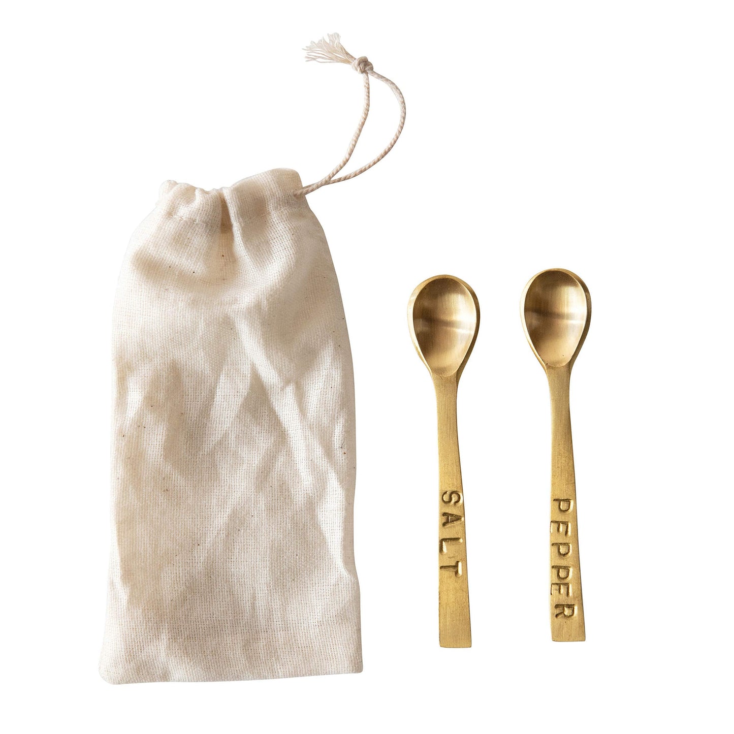 Creative Co-Op Metal "Salt" & "Pepper" Spoons in Drawstring Bag, Brass Finish, Set of 2