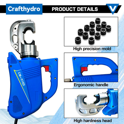 Hydraulic Crimping Tool 15Ton Electric Cable Lug Crimpers - 13 Dies (8AWG to 800MCM) Cable Wire Crimping Pliers Machine Kits with 2.8m Wire