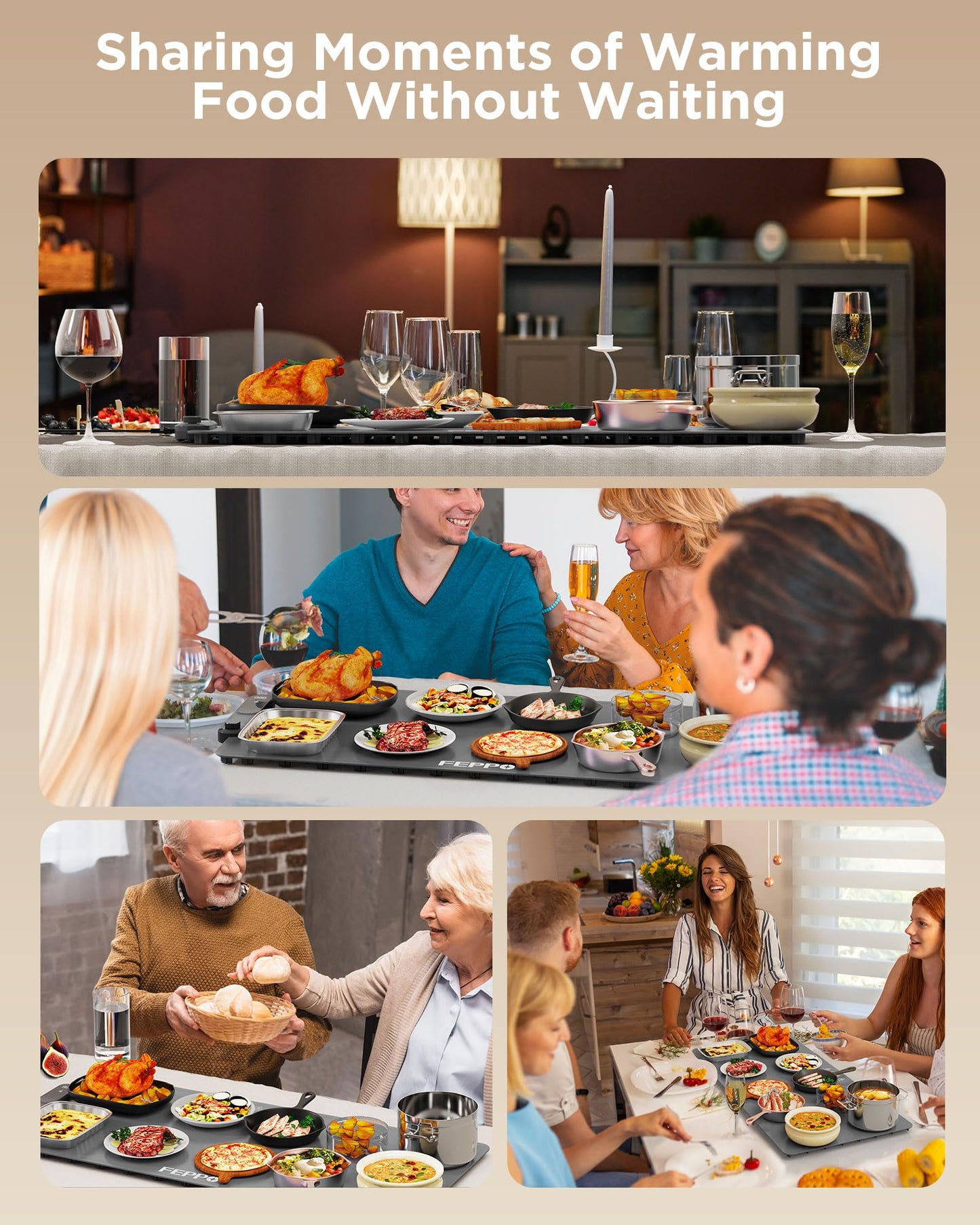 FEPPO Food Warming Mat, (XXL 35”x16”) Electric Warming Trays for Buffets Party, Fast Full-Surface Heating Mat for Food with 19 Level Adjustable Temperature and 6 Hours Timer, Roll Up Food Warmer