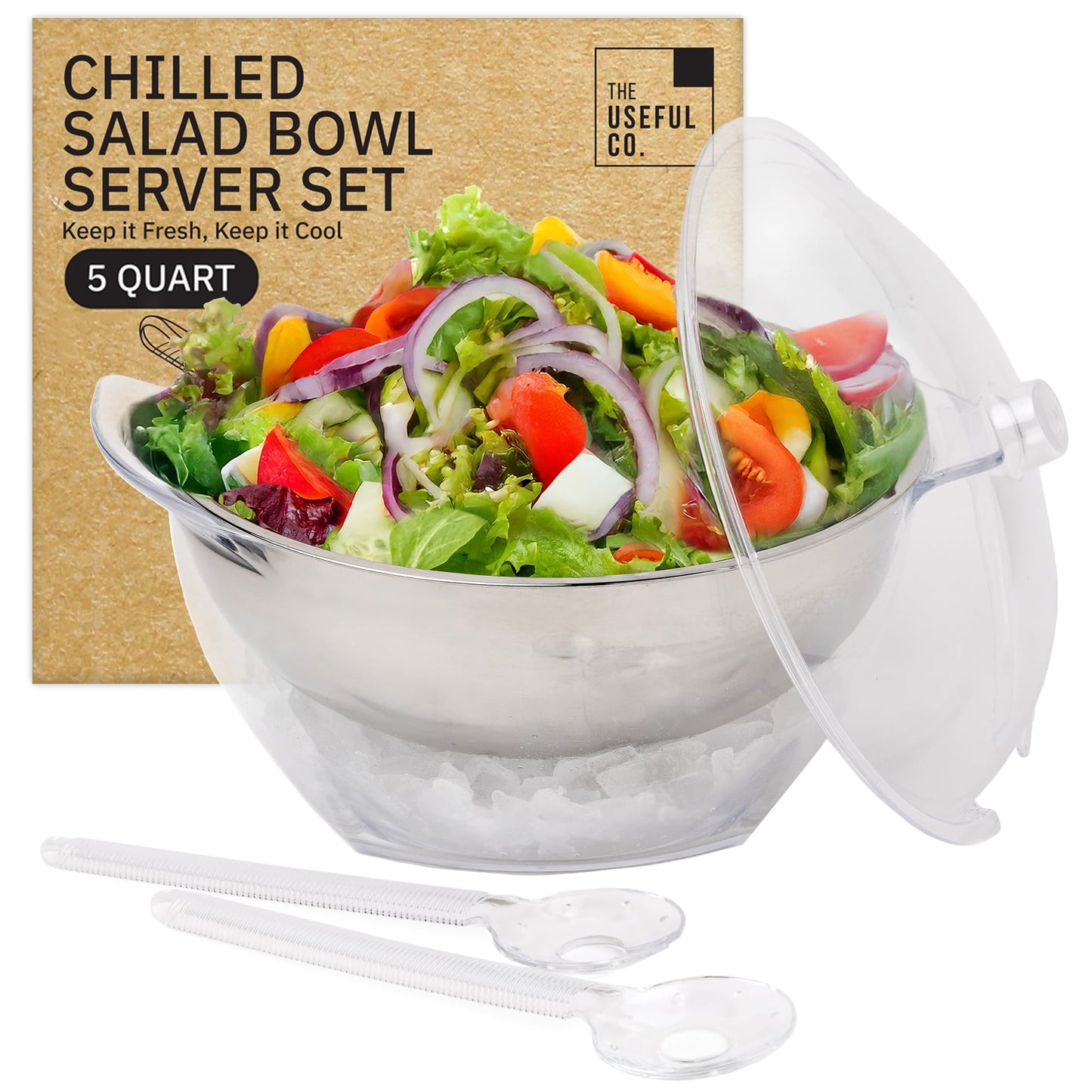 Useful Co. 5QT Salad Bowl Set on Ice - Large Salad Bowl with Lid & 2 Servers - Chilled Tray for Cold Food, Party Buffet - Serving Bowl with Ice Tray Base for Gatherings