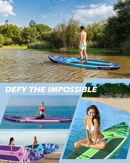 AISUNSS 11'6''x35'' Super Wide Inflatable Paddle Board, 450lb Capacity Premium Stable SUP Board for 2+1 People/Family w/100L Backpack, Dual-Action Pump, Safety Leash (Blue Sea)