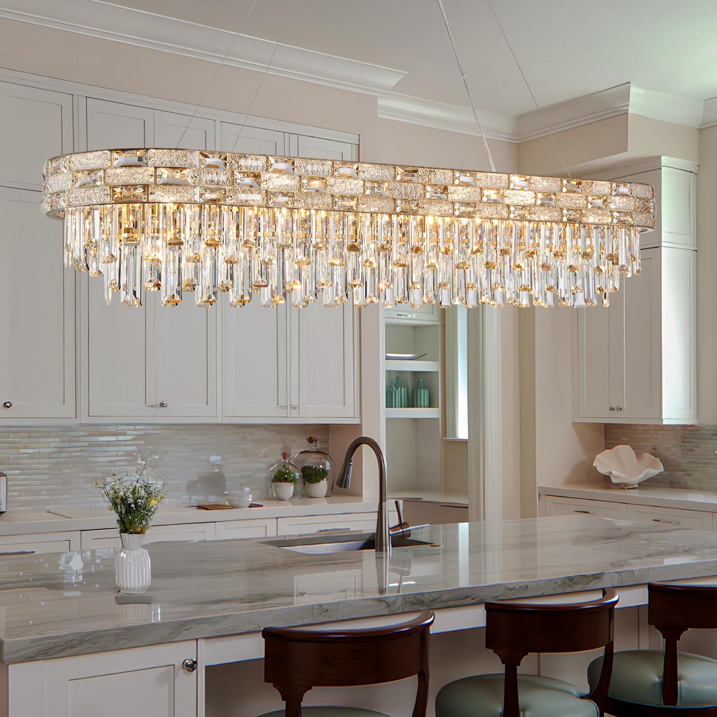 SHAOCHIAO 50" Gold Modern Crystal Chandelier, 18-Light Gold Chandelier Light Fixture Luxury Rectangular Large Pendant Ceiling Light Fixture for Dining Living Room Kitchen Island Bar