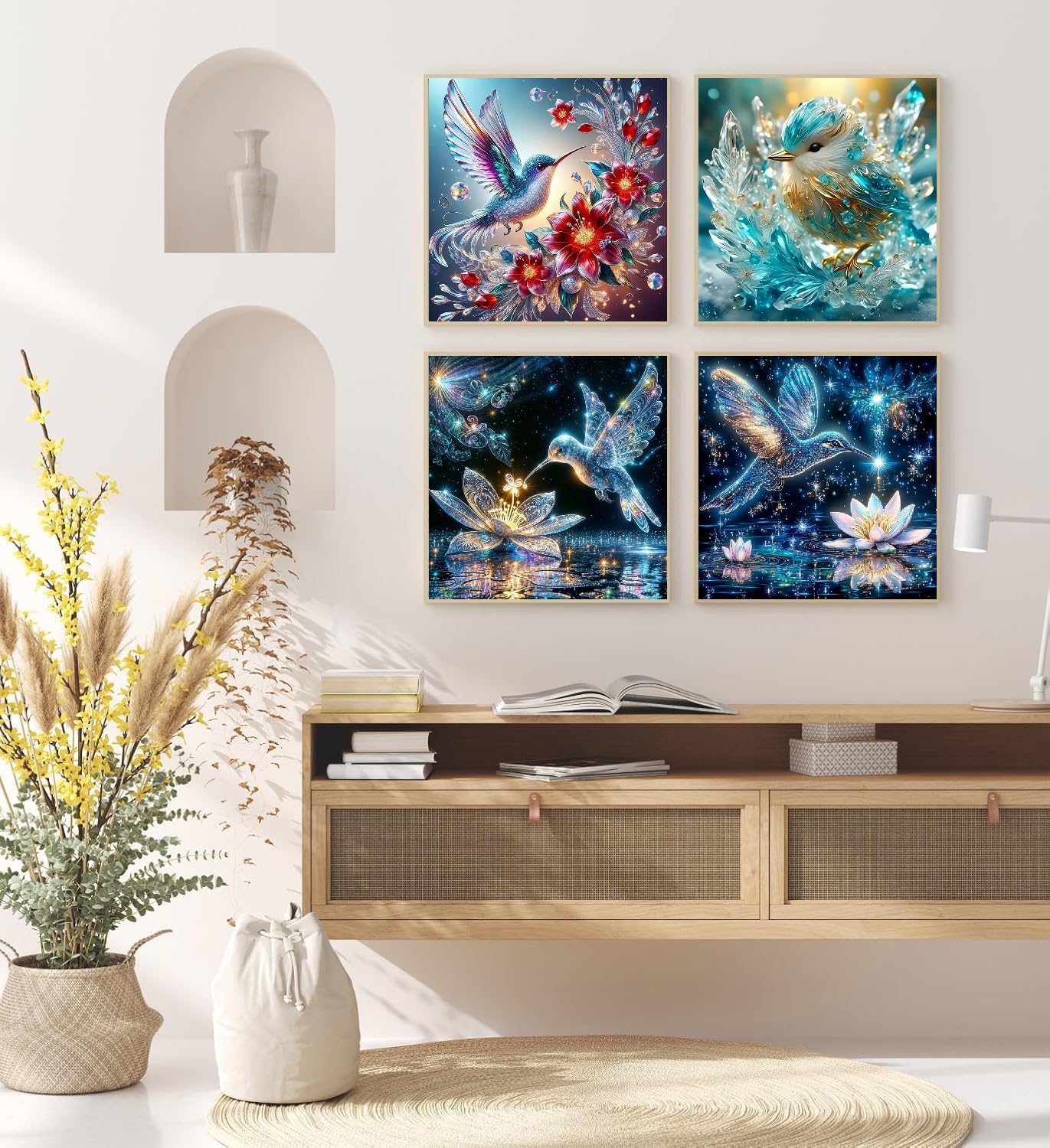 CEUHROG 4Pack Hummingbird Diamond Art Kits for Adults,DIY Bird Diamond Painting Kits Round Diamond Dots for Adults,5D Full Drill Painting Kit Art and Crafts for Adult Home Wall Decor14X14inch